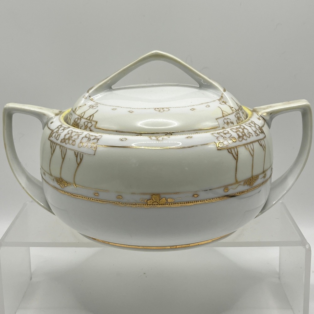 Antique Hand Painted Nippon Porcelain Lidded Sugar Bowl Gold Moriage Floral